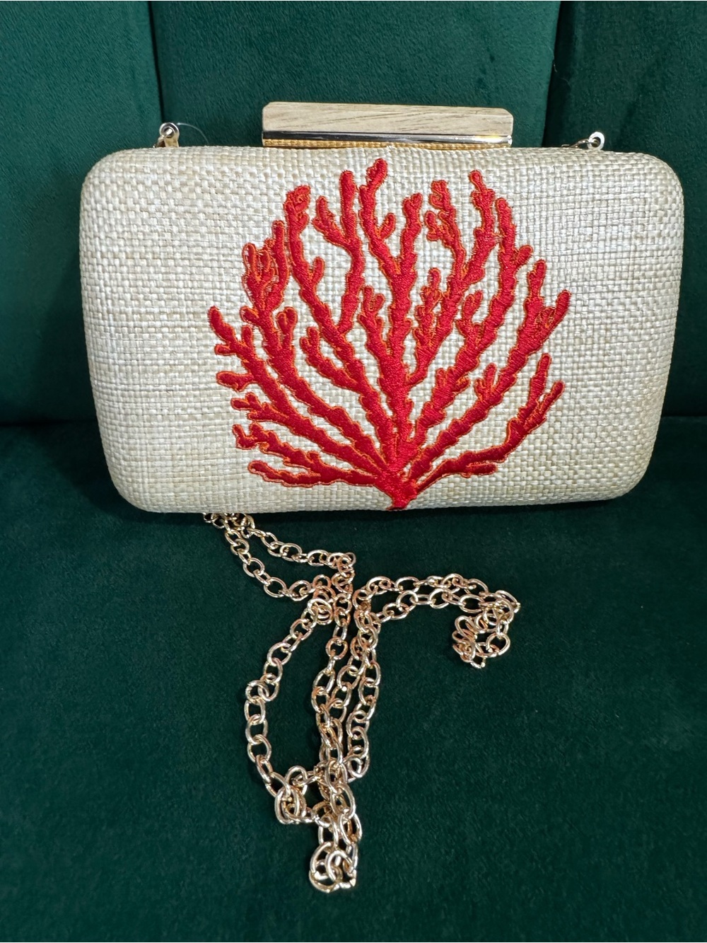 Shiraleah Cream Woven Clutch with Red Coral Motif